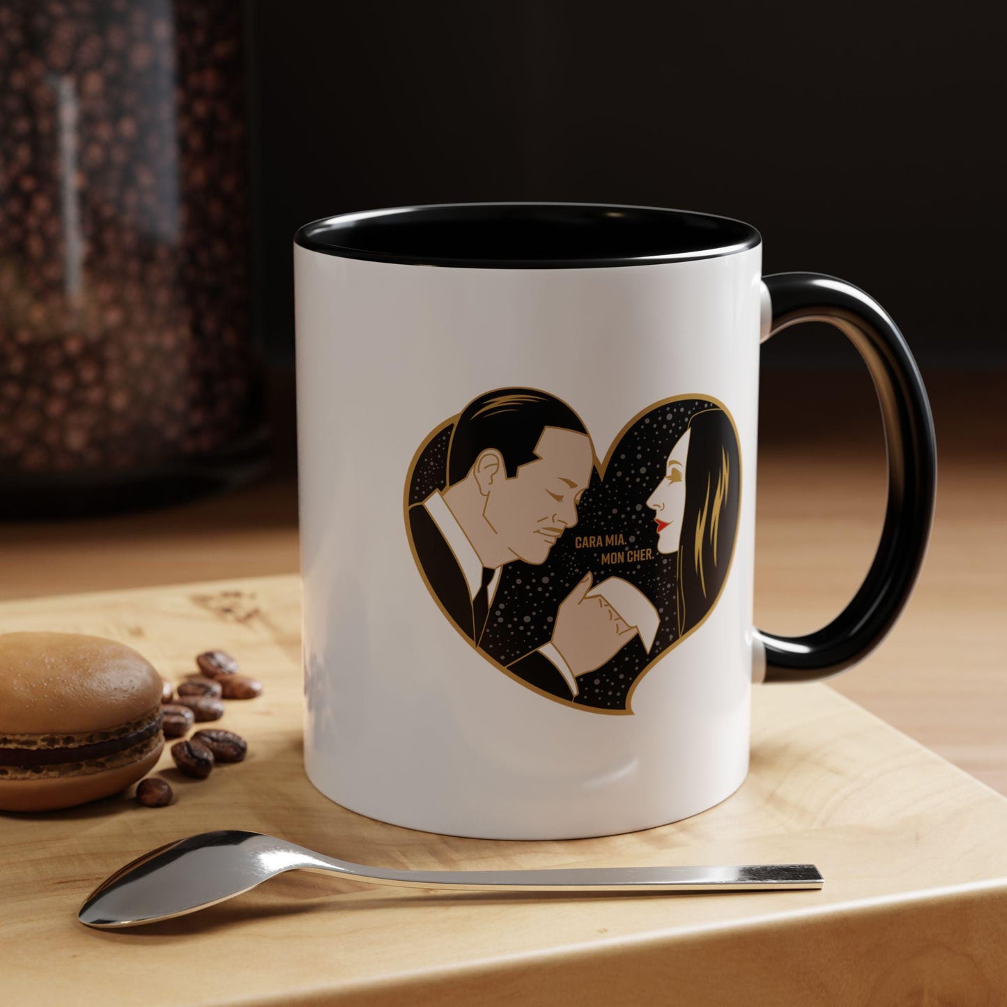 Morticia and Gomez Addams Accent Coffee Mug | Romantic Gothic Art by Cryssy Cheung | 11oz Two-Tone Addams Family Mug | Spooky Couple Gift