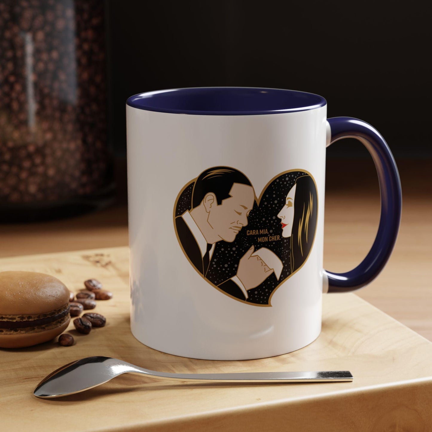 Morticia and Gomez Addams Accent Coffee Mug | Romantic Gothic Art by Cryssy Cheung | 11oz Two-Tone Addams Family Mug | Spooky Couple Gift