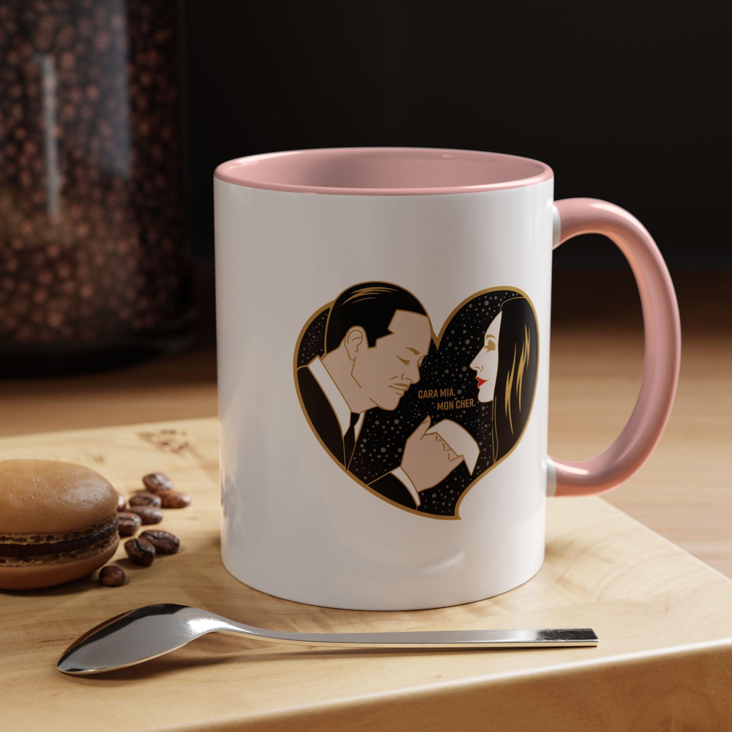 Morticia and Gomez Addams Accent Coffee Mug | Romantic Gothic Art by Cryssy Cheung | 11oz Two-Tone Addams Family Mug | Spooky Couple Gift